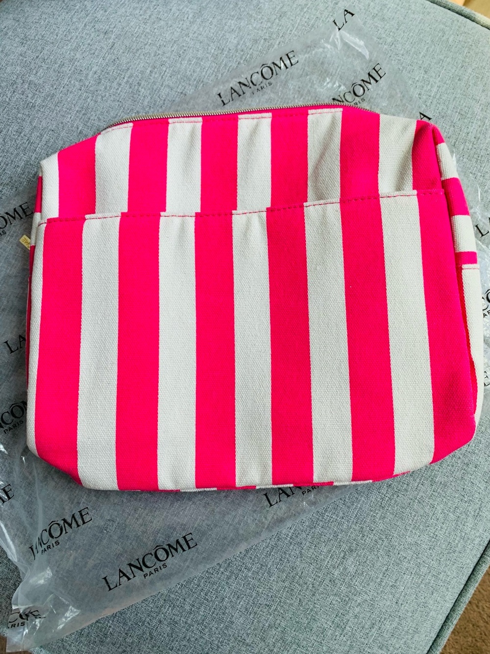 NWT Lancome Cosmetics Bag Pink White Candy Stripe Insulated Travel Vacation